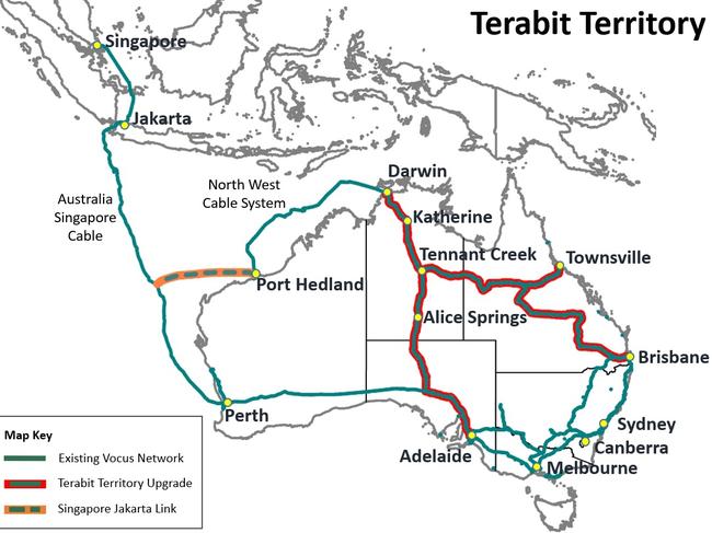 A map showing in red where 5700km of the Territory’s fibre-optic cable network will be upgraded. Source: Vocus