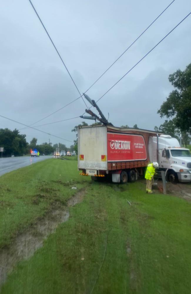 A truck driver call triple-0 about 11.30am after crashing and did not leave the cab until Ergon Energy workers secured the scene at Cannon Valley on April 21, 2022. Picture: Ergon Energy Facebook