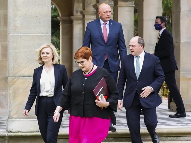 SYDNEY, AUSTRALIA - NewsWire Photos JANUARY 21, 2022: A joint media conference held for AUKMIN at Admirality House, Kirribilli. Speaking were the Hon Peter Dutton MP, Senator  the Hon Marise Payne, the Rt Hon Elizabeth Truss and the RT Hon Ben Wallace. Picture: NCA NewsWire/Dylan Robinson