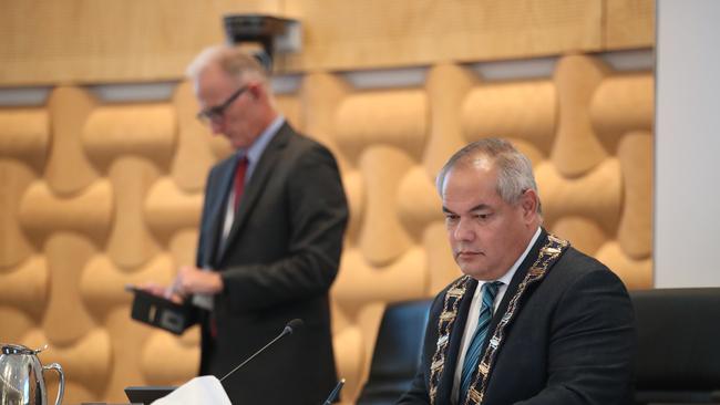 Mayor Tom Tate has been meeting with acting council CEO Joe McCabe, in the background. Picture Glenn Hampson