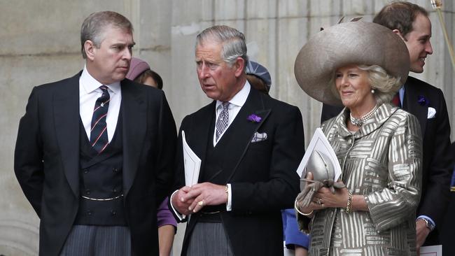 Prince Andrew, Duke of York (L), Prince Charles, Prince of Wales (C), Camilla, Duchess of Cornwall (2R) and Prince William (R) leave St Paul's Cathedral.