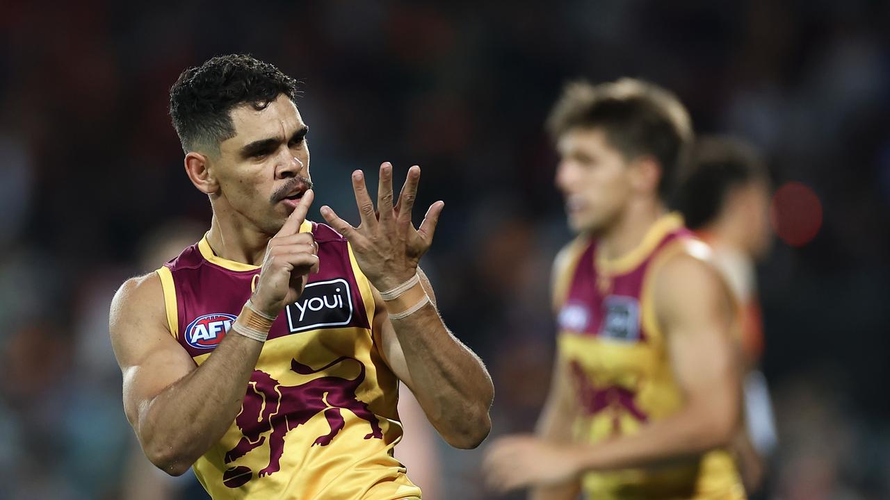 Lions star Charlie Cameron celebrates after kicking one of his seven goals against GWS. Picture: Cameron Spencer/Getty Images