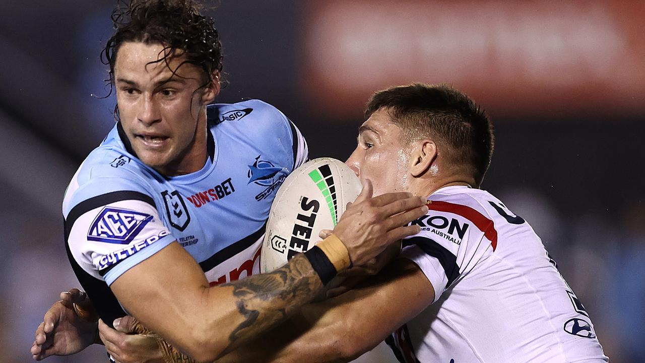 Nicho Hynes runs the ball for the Sharks. Picture: Getty Images