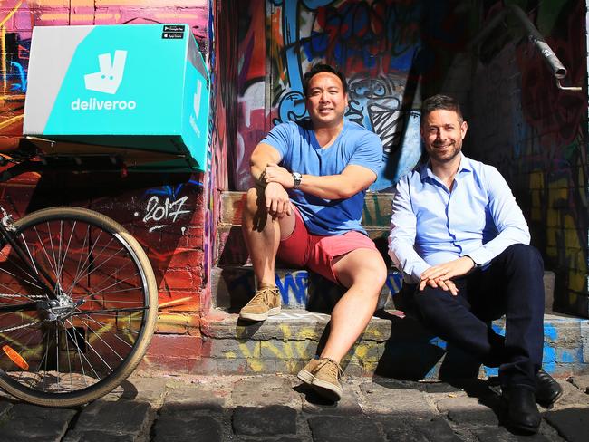 Deliveroo founder and CEO Will Shu with Australian general manager Levi Aron.