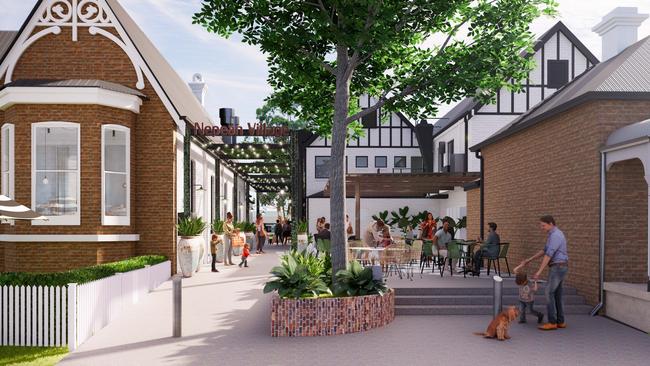 An artist's impression of what a new outdoor dining precinct at Nepean Village could look like from Station St.