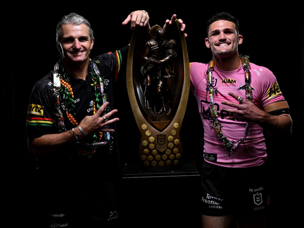 ‘He treats me the same as every other player’ ... Nathan and Ivan Cleary after Penrith’s 2024 Grand Final victory over Melbourne Storm.