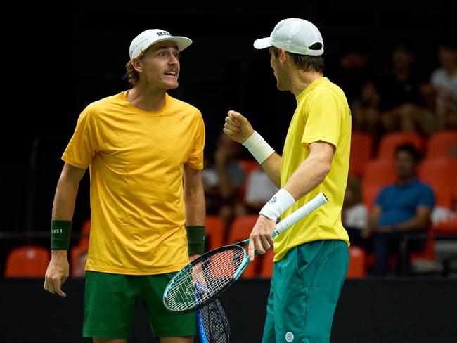 VALENCIA, SPAIN - SEPTEMBER 10: Matthew Ebden and Max Purcell of Australia celebrate during the doubles match between Australia and France as part of the 2024 Davis Cup Finals Group Stage at Pabellon Fuente De San Luis on September 10, 2024 in Valencia, Spain. (Photo by Angel Martinez/Getty Images for ITF)