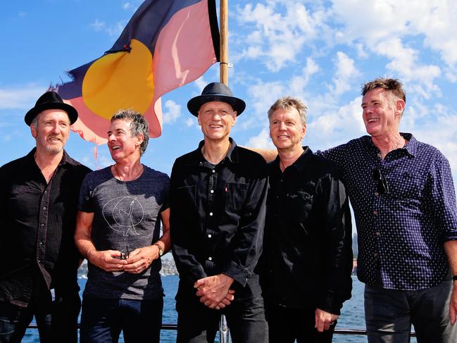 Midnight Oil aboard the Mari Nawi for a global reunion tour announcement press conference. Pic Jenny Evans