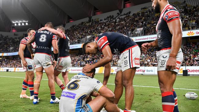 The Roosters console David Fifita after last year’s qualifying final. Picture: NRL Images