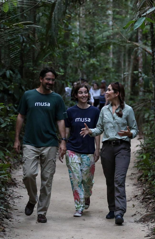 Queen Mary on a trail walk with Musa director general Filippo Stampanoni and archaeologist Meliam Gaspar at the Museum of the Amazon (MUSA). Picture: AFP