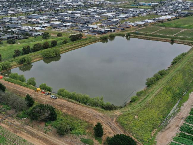 Aerial drone picture of the dam and local houses at Pintail Drive, Torquay, where the flood risk happened on Saturday morning forcing 100 residents to be evacuated from their homes. Picture: Alan Barber