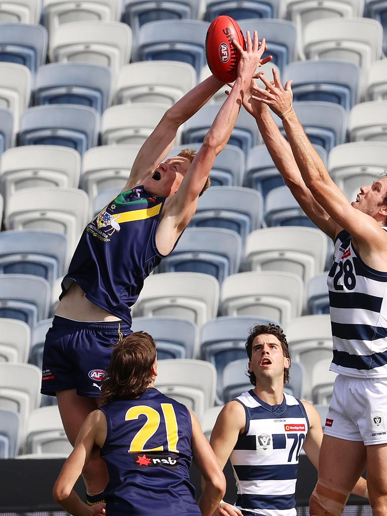 Conway takes a mark against Geelong’s VFL side for the AFL Academy. Picture: Michael Klein