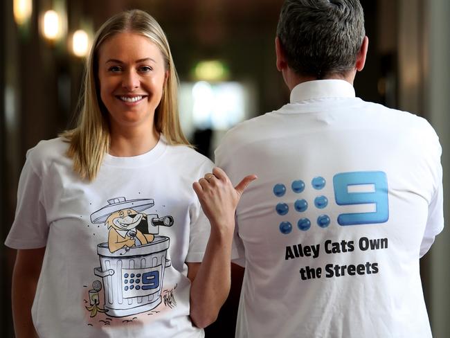 The Nine Network's Airlie Walsh and Chris Uhlmann wearing T-shirts in response to Paul Keating's accusation Nine has "the opportunism and ethics of an alley cat. Pic: Kym Smith