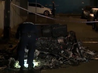 Forensic officers at the Rozelle scene gathering evidence after a Range Rover was destroyed by fire. Picture: Sunrise