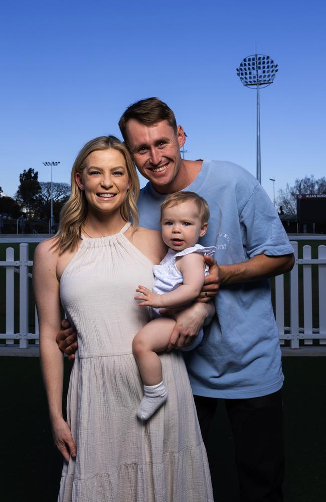 Rebekah and Marnus Labuschagne and daughter Hallie. Picture: David Kelly