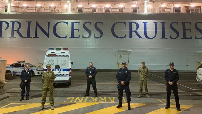 Security, Police and army guard the Ruby Princess while docked in Wollongong.