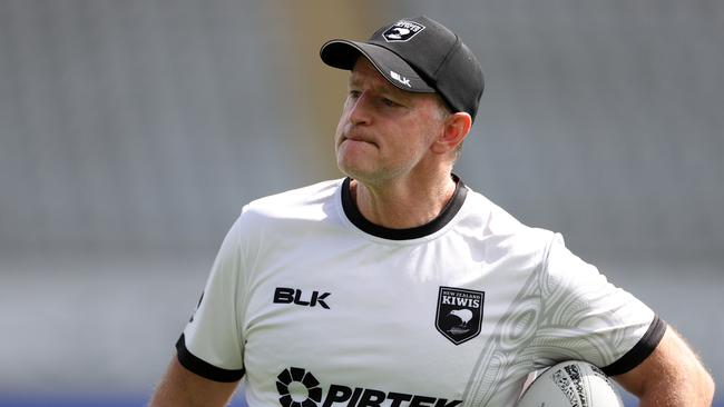 AUCKLAND, NEW ZEALAND – OCTOBER 16: Kiwis coach Michael Maguire watches warm up during a New Zealand Kiwis league training session at The Trusts Arena on October 16, 2023 in Auckland, New Zealand. (Photo by Fiona Goodall/Getty Images)