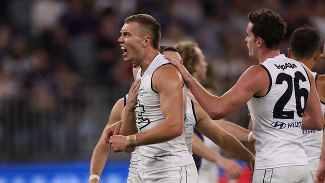 Patrick Cripps celebrates one of his three goals. Picture: Paul Kane/Getty Images