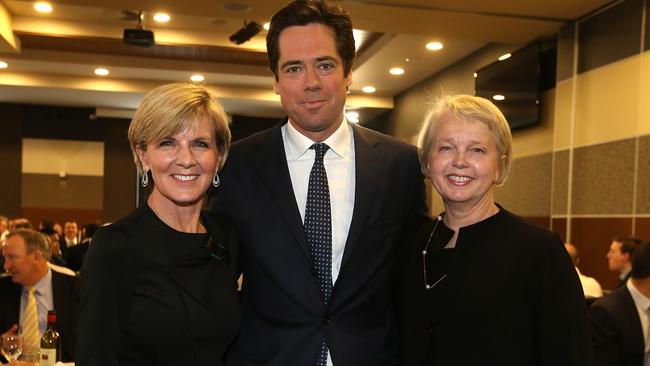 Foreign affairs minister Julie Bishop, AFL CEO Gillon McLachlan and Richmond president Peggy O'Neal.