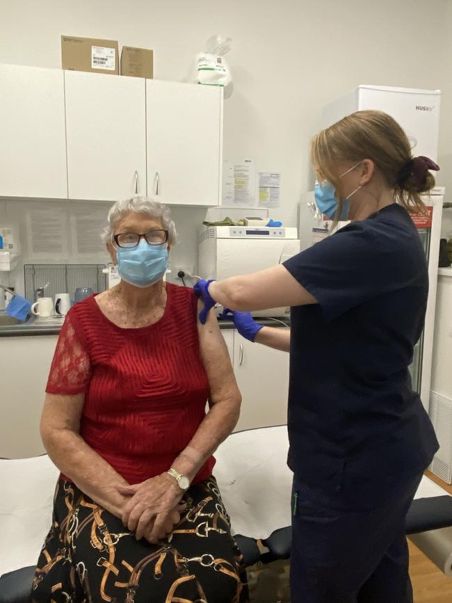 Nurse Samantha Dymock gives Joyce West her Covid vaccine on Friday. Photo: Supplied.