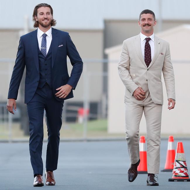 Marcus Bontempelli and Tom Liberatore of the Bulldogs arrive at Metricon Stadium on the Gold Coast. Picture: AFL Media