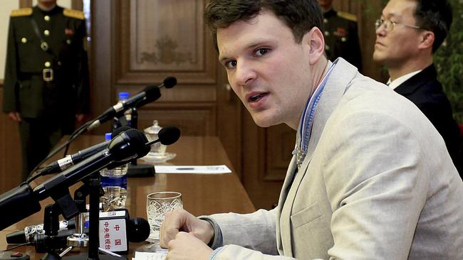 Otto Warmbier speaks as he is presented to reporters in Pyongyang after his arrest early in 2016. Picture: AP