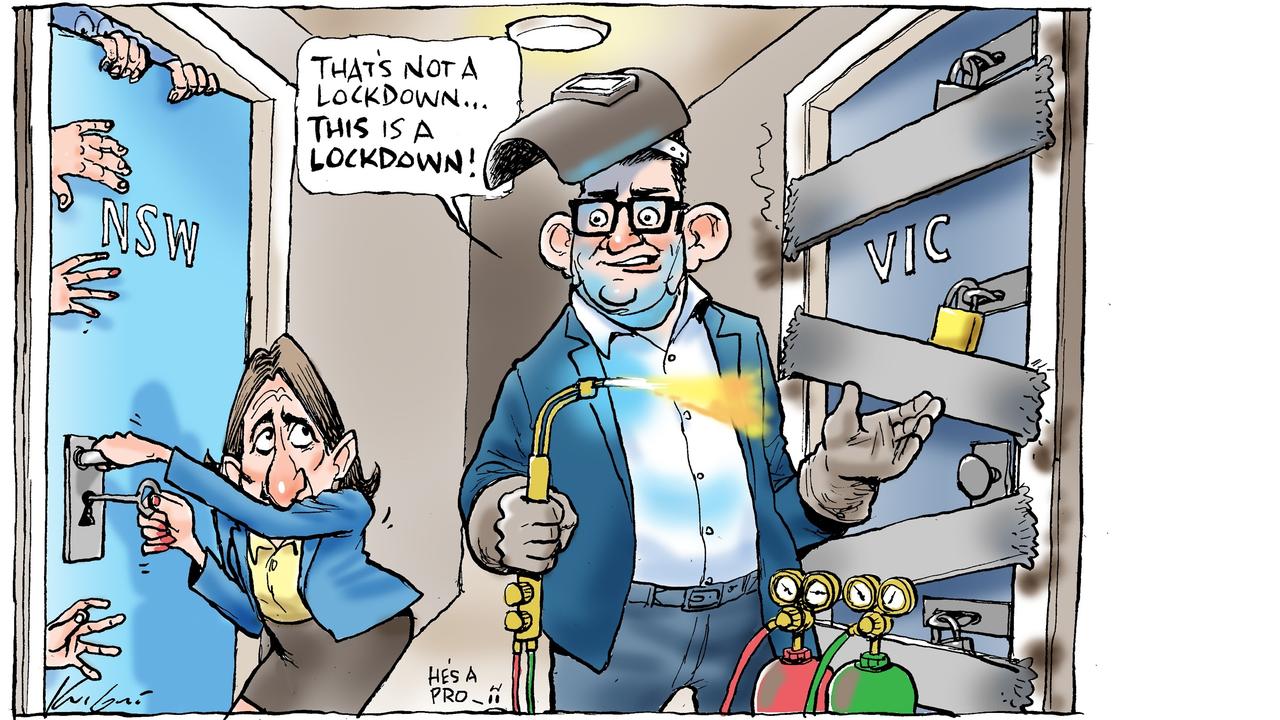 Cartoonist Mark Knight reckons the different lockdown styles of NSW and Victoria are a bit like a famous scene from the movie Crocodile Dunndee.