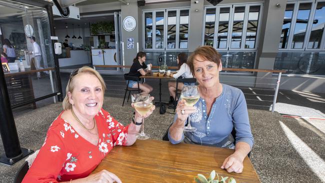 Liz Bradley and Nicky Kinnear enjoy a catch up at Cafe Diversity Redcliffe. Picture: Renae Droop