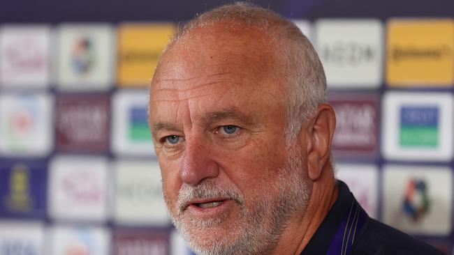 DOHA, QATAR - JANUARY 12: Australian coach Graham Arnold speaks to the media during an Australia Socceroos Press Conference ahead of the the AFC Asian Cup at the AFC Main Media Centre on January 12, 2024 in Doha, Qatar. (Photo by Robert Cianflone/Getty Images)