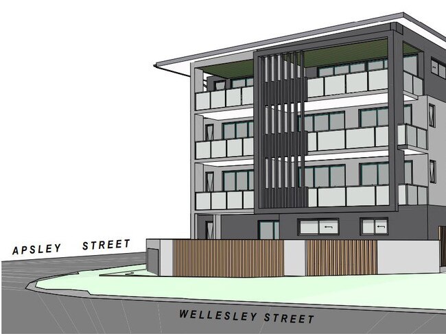 A front perspective of a nine-unit, four-storey apartment building planned for 26 Wellesley St, Wellington Point.