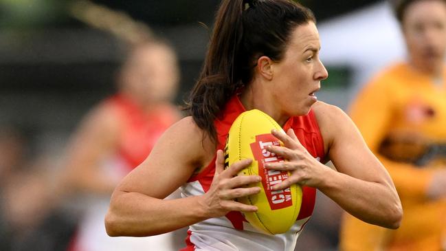 Brooke Lochland takes possession as she piled on three quick goals. Picture: Morgan Hancock/AFL Photos/via Getty Images