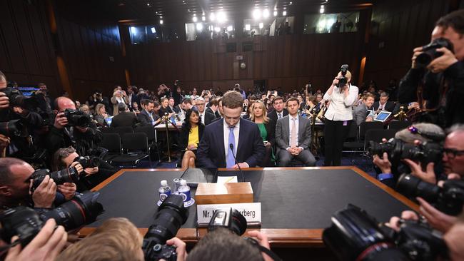 Facebook CEO Mark Zuckerberg testified before the US Senate this year, giving testimony about his company’s dealings with data mining firm Cambridge Analytica. Picture: Jim Watson/AFP