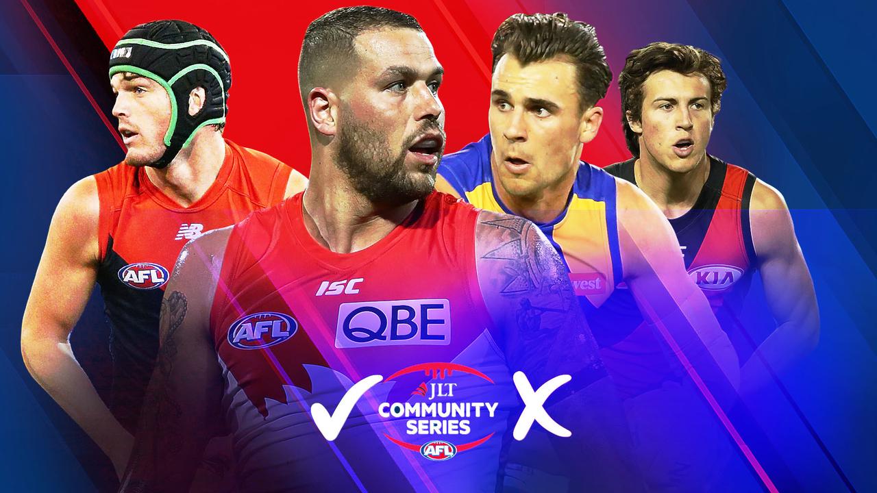 The JLT Community Series Report Card: Melbourne's Angus Brayshaw, Sydney's Lance Franklin, West Coast's Dome Sheed and Essendon's Andrew McGrath.