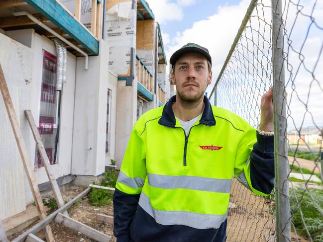 Porter Davis victim Jesse Wilkie has been left in the lurch with the VMIA insurance scheme, suffering long waits for claims or being forced to go with builders they don't want to go with. The Truganina town house is leaking water and has been left with some building code violations. Picture: Jason Edwards