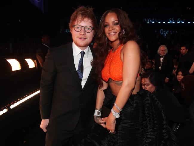 Ed Sheeran and Rihanna during The 59th GRAMMY Awards at STAPLES Center on February 12, 2017 in Los Angeles, California. Picture: Getty