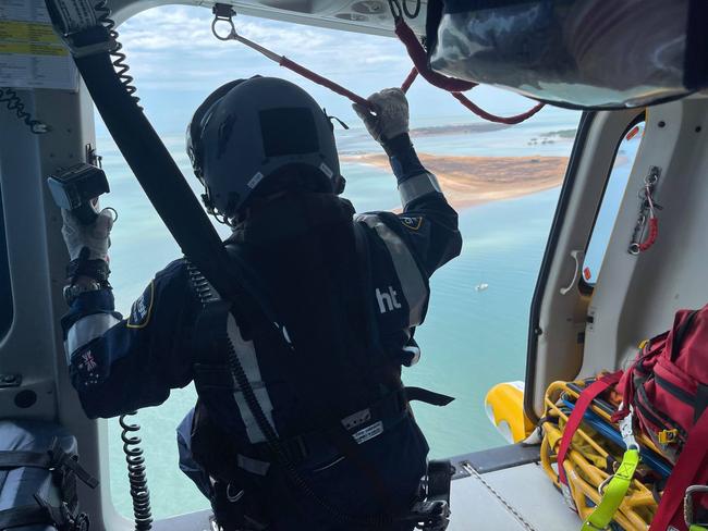 A CareFlight crew rescued four people who were forced to tread water for hours after their catamaran’s dingy capsized near Bare Sand Island on Sunday night. Picture: CareFlight