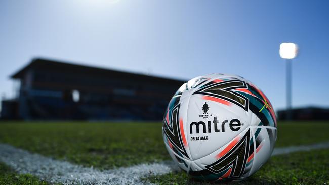 An official match ball at the Magpies Crusaders United and Macarthur FC game at BB Print Stadium on July 30, 2022 in Mackay, Australia. Picture: Albert Perez/Getty Images