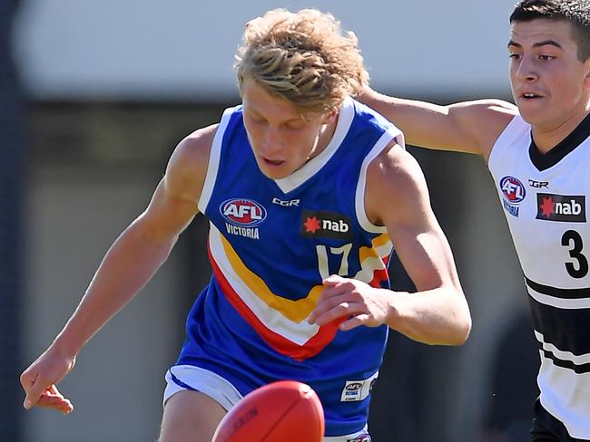 Cody Hirst and Benjamin Nikolovski in action during the NAB League football match between Northern Knights v Eastern Ranges in Sandringham, Saturday, April 6, 2019. Picture: Andy Brownbill