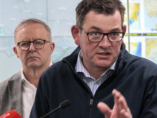 MELBOURNE, AUSTRALIA - NewsWire Photos OCTOBER 16, 2022:  Prime Minister Anthony Albanese and Victorian Premier Daniel Andrews brief the media on the Victorian floods at the State Control Centre in Melbourne. Picture: NCA NewsWire / David Geraghty