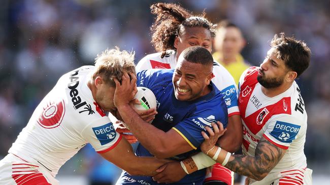 SYDNEY, AUSTRALIA - AUGUST 31: Ofahiki Ogden of the Eels is tackled during the round 26 NRL match between Parramatta Eels and St George Illawarra Dragons at CommBank Stadium, on August 31, 2024, in Sydney, Australia. (Photo by Matt King/Getty Images)