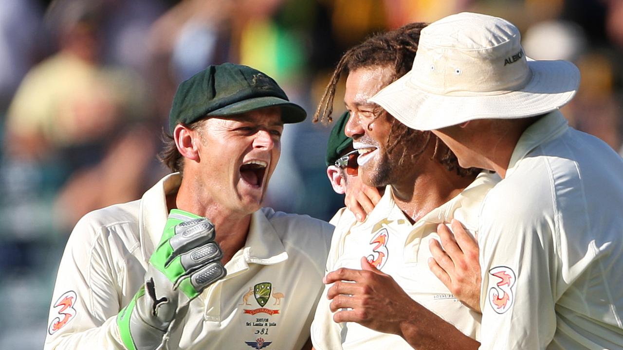 Andrew Symonds and Adam Gilchrist celebrate a wicket at Gilchrist’s home test at the WACA in Perth.