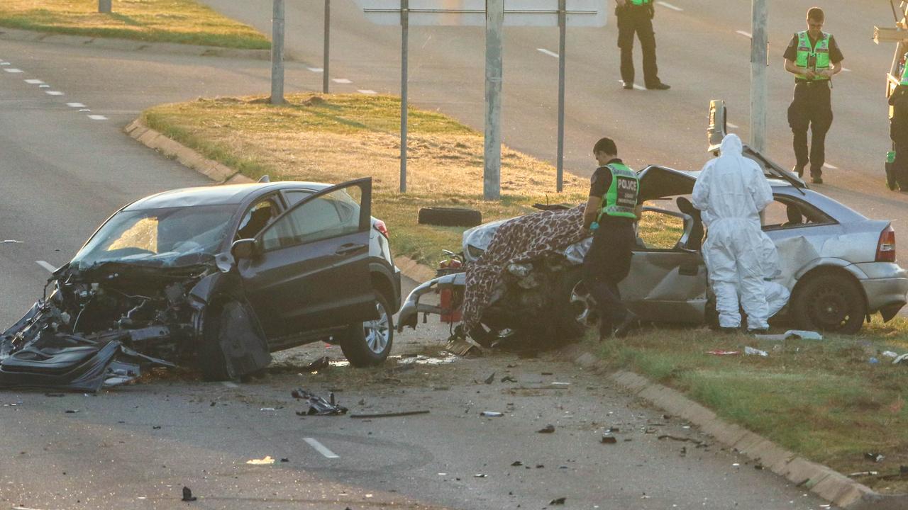 Police investigate the scene of a horror crash on Trower Rd at Lakeside Drv overnight. Picture Glenn Campbell