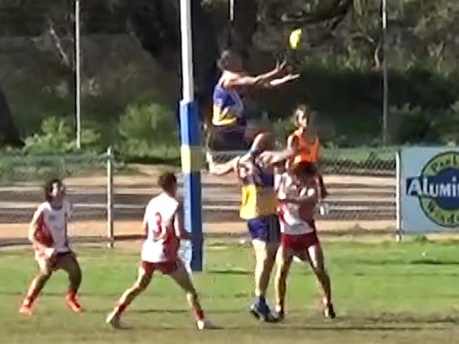 Kris Ryder, who is the cousin of St Kilda player Paddy Ryder taken a huge mark while playing for the Brigades in the Great Northern Football League Picture: Filming Footy