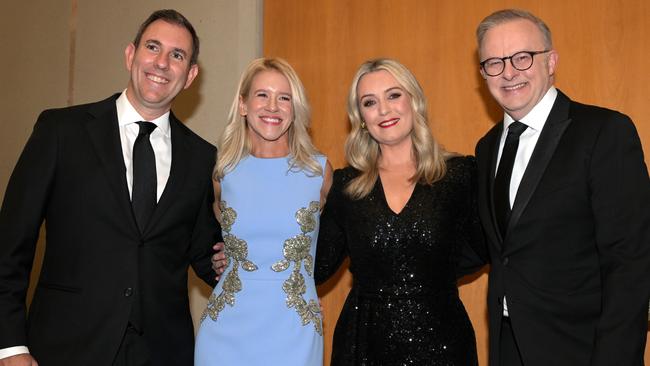 Treasurer Jim Chalmers, Laura Chalmers, Prime Minister Anthony Albanese and partner Jodie Haydon arrive at the Midwinter Ball. Picture: Getty Images