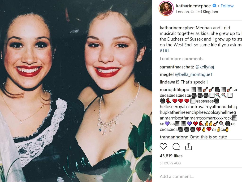 Meghan Markle, left, and Katharine McPhee in McPhee’s epic Instagram throwback. Picture: Instagram