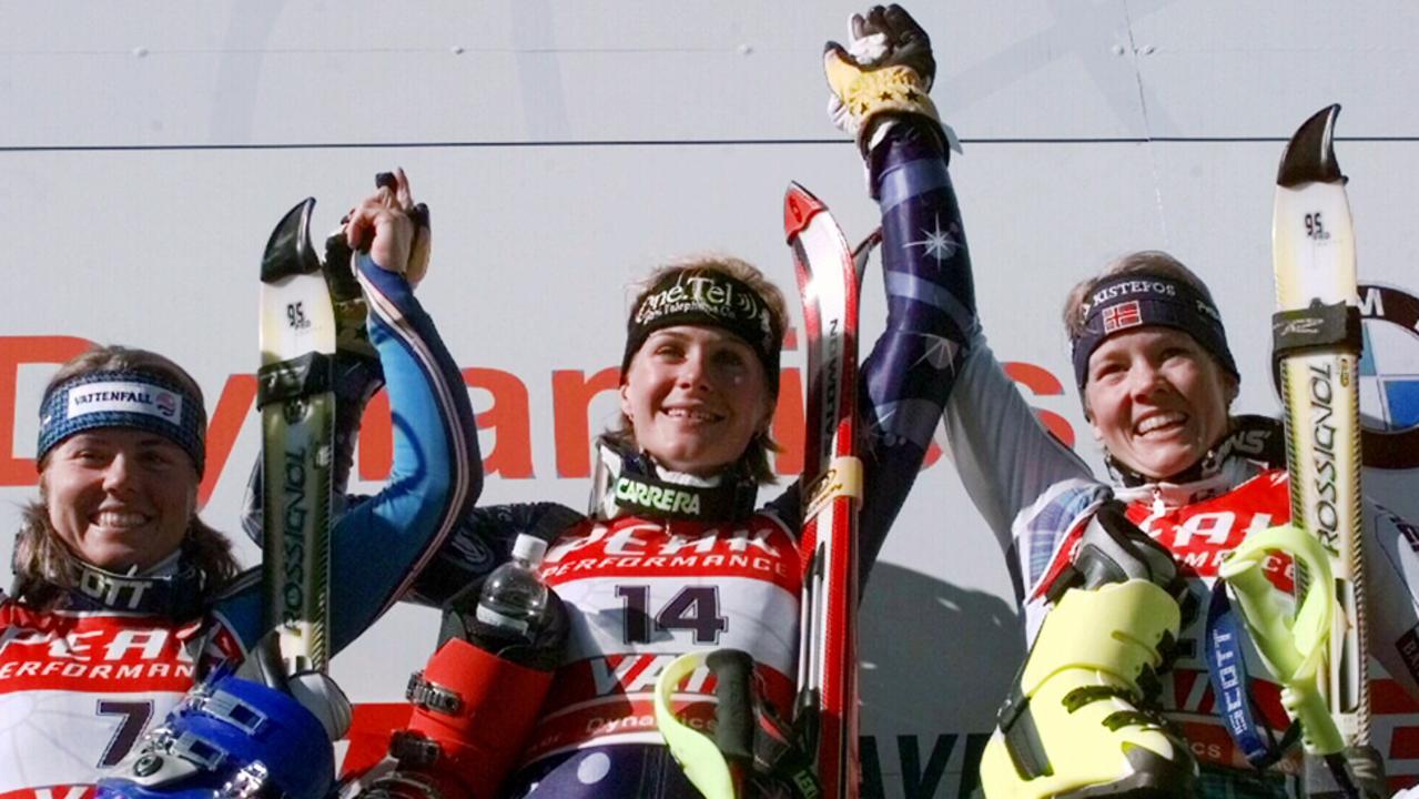 Zali Steggall (centre) on the podium after winning the women's slalom at the World Alpine Championships in 1999. 