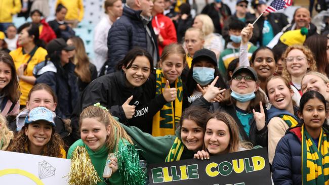 Fans cheer on the Matildas at Stadium Australia.