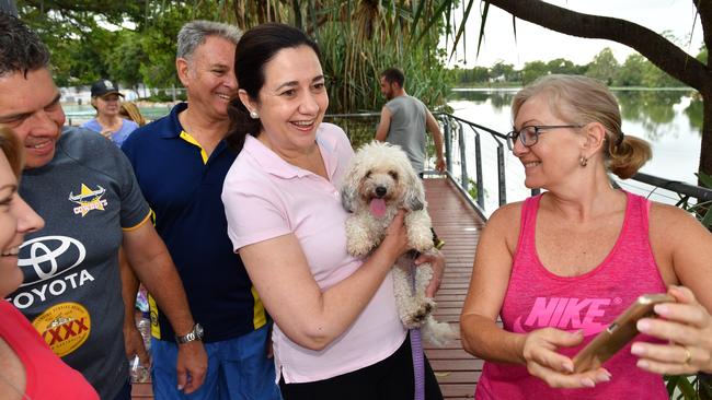 Queensland Premier Annastacia Palaszczuk, centre, pictured in Riverside Park in Townsville today, wher she was joined on her morning walk by local ALP politicians, Member for Mundingburra Coralee O'Rourke, Member for Thuringowa Aaron Harper and Paul Jacob, ALP candidate for the seat of Hinchinbrook. Picture: AAP