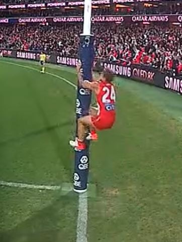 Dane Rampe climbs the goalpost against Essendon.