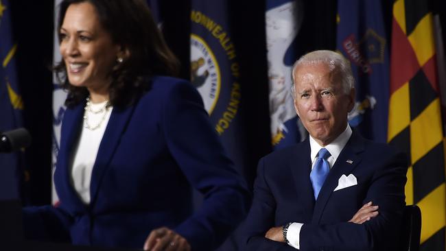 Kamala Harris and Joe Biden during their press conference in Delaware. Picture: AFP